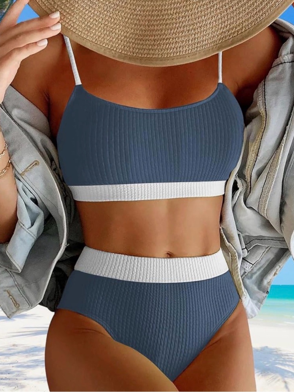 NWOT Ribbed High-Waist Bikini Set in Slate Blue with White Trim. Size Small